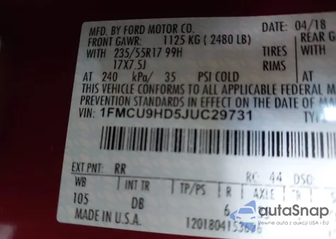 2018 Ford Escape Sel from USA, damaged, VIN 1FMCU9HD5JUC29731